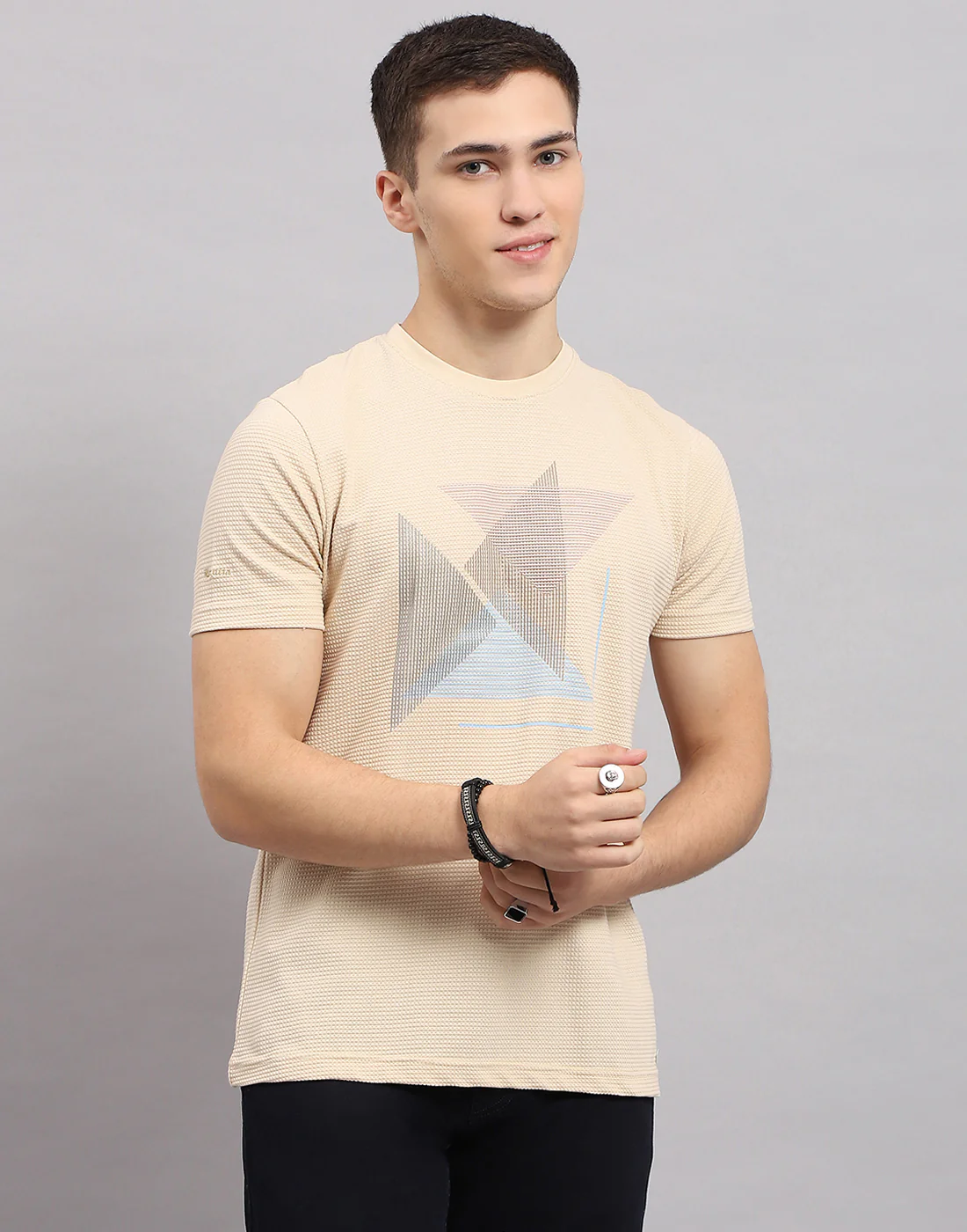 Men Beige Printed Round Neck Half Sleeve T-Shirt - Image 2