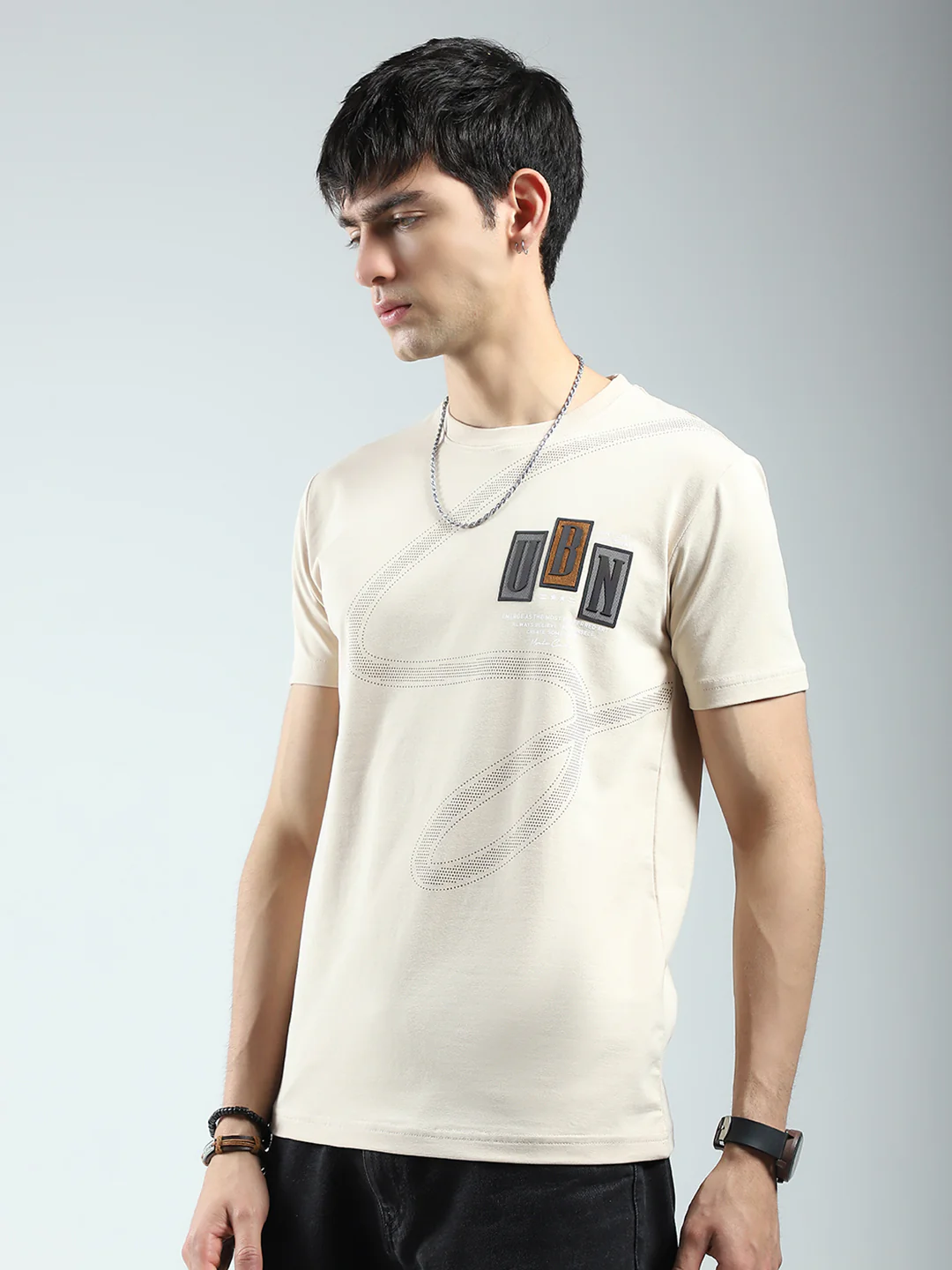 Men Beige Printed Round Neck Half Sleeve T-Shirt - Image 3