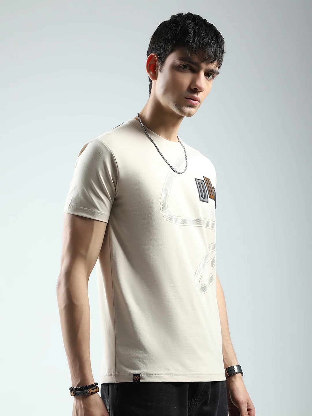 Men Beige Printed Round Neck Half Sleeve T-Shirt - Image 4