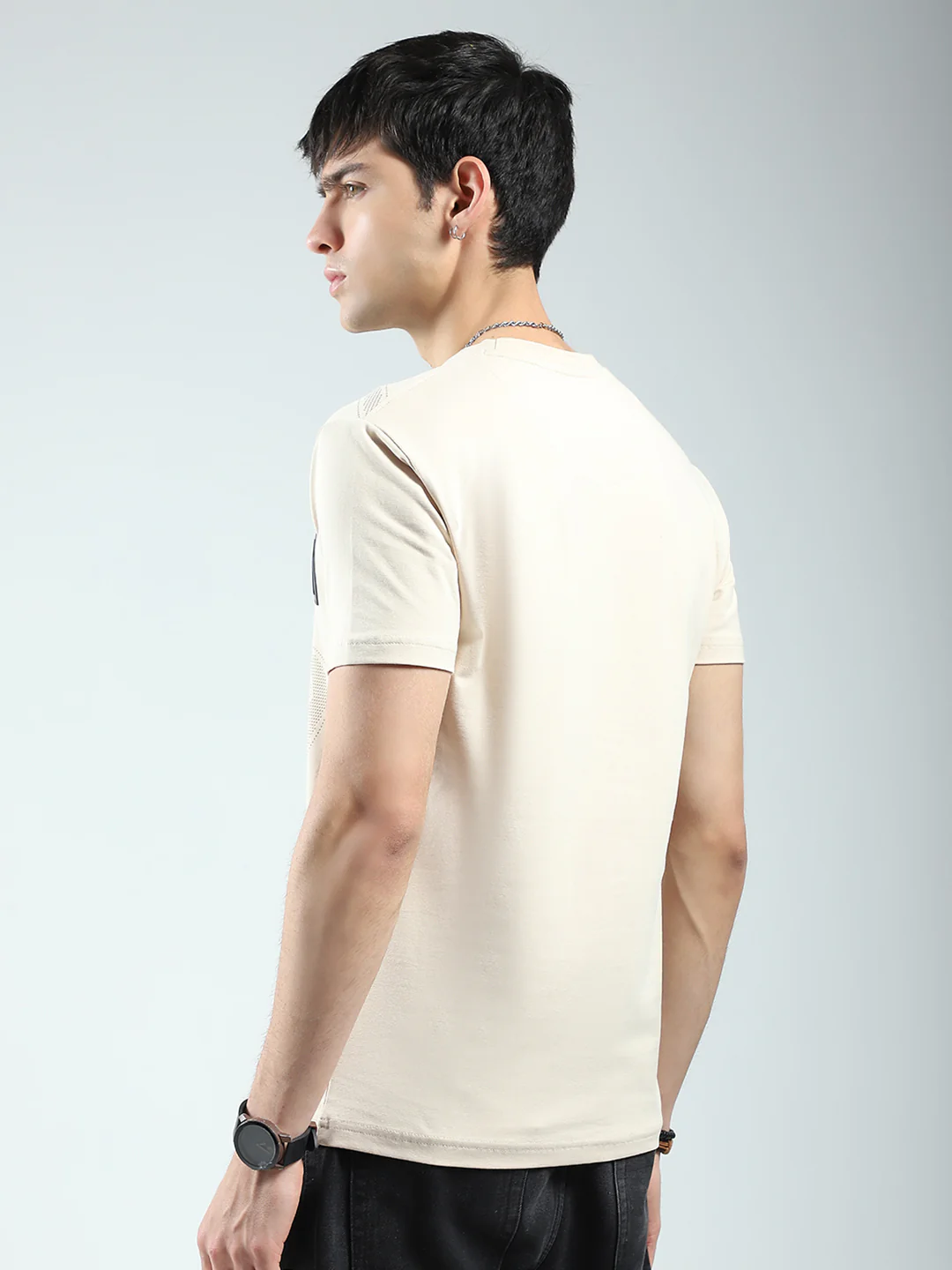 Men Beige Printed Round Neck Half Sleeve T-Shirt - Image 5