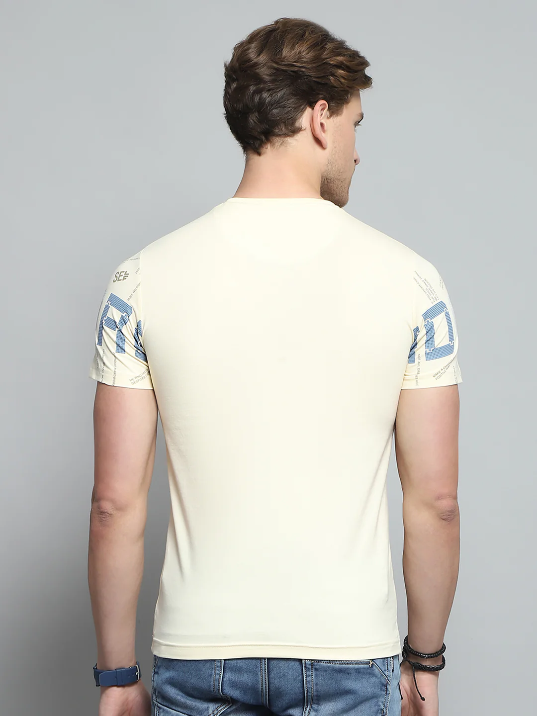 Men Beige Printed Round Neck Half Sleeve T-Shirt - Image 5
