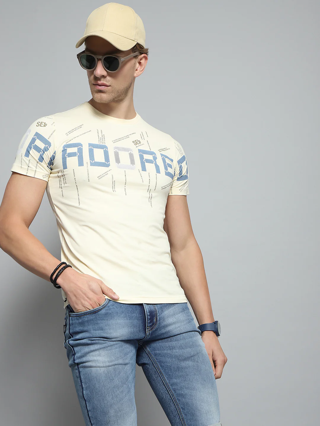 Men Beige Printed Round Neck Half Sleeve T-Shirt - Image 6