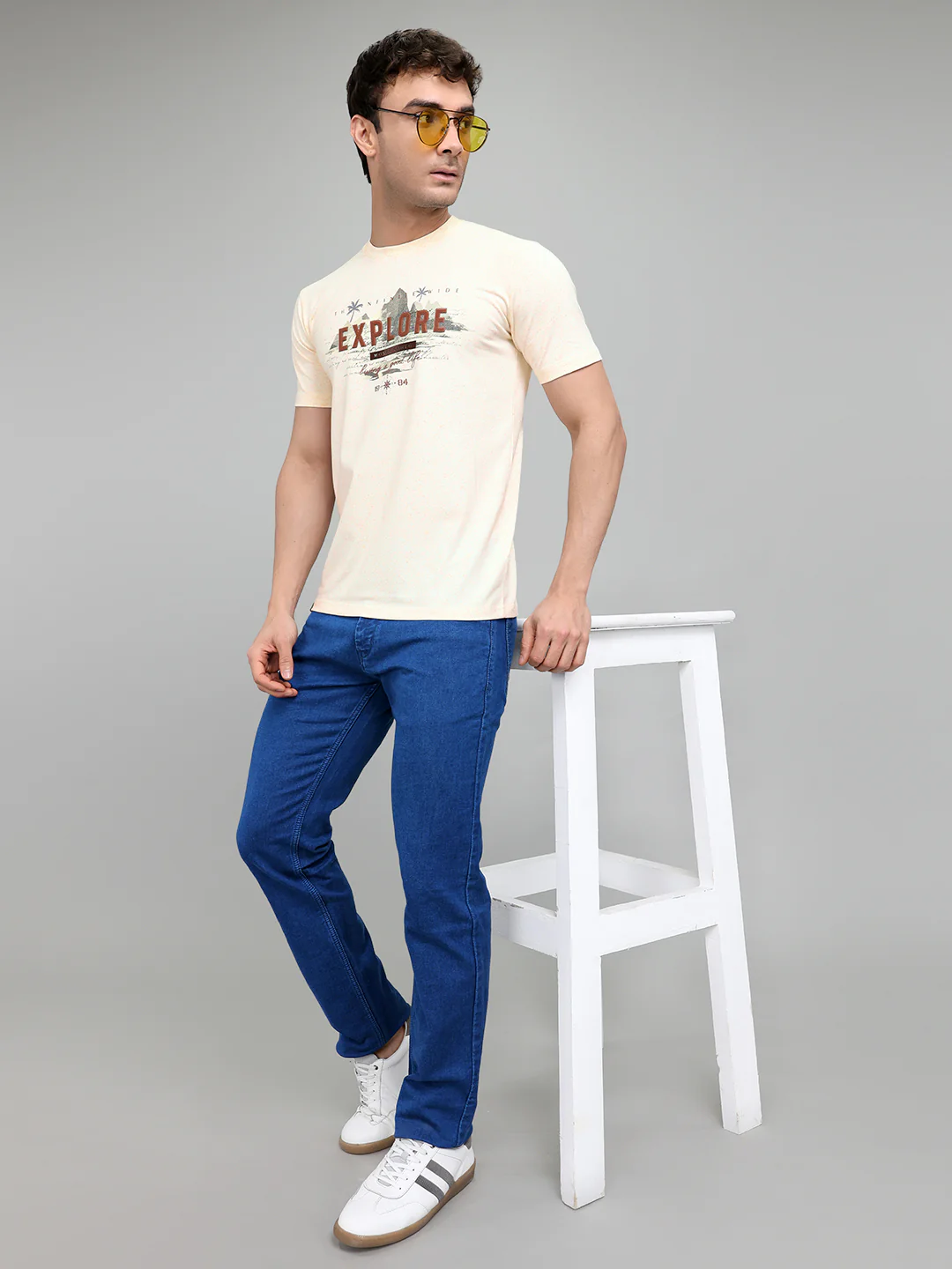 Men Beige Printed Round Neck Half Sleeve T-Shirt - Image 6