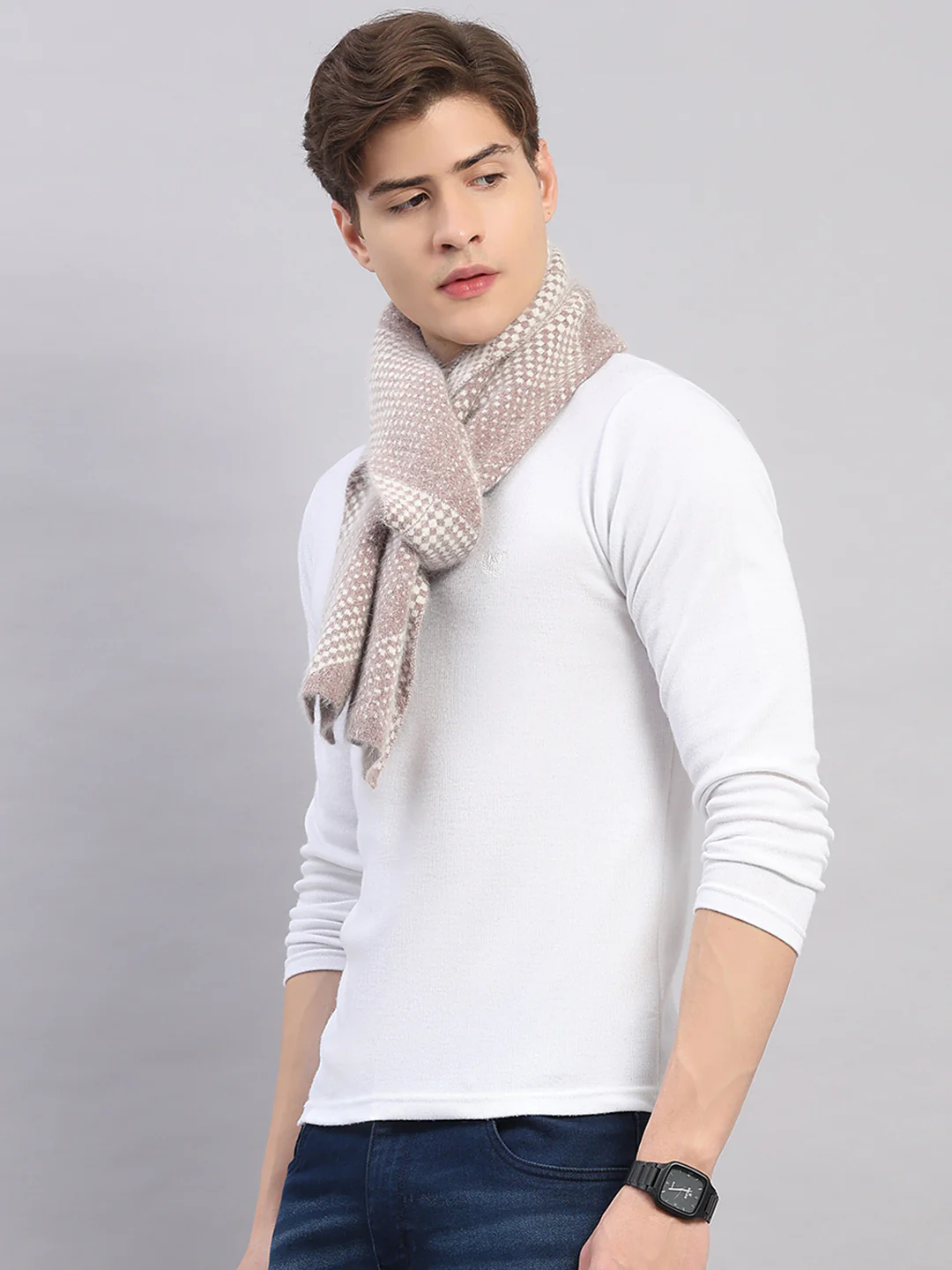 Men Beige Self Design Angoora Muffler - Image 4