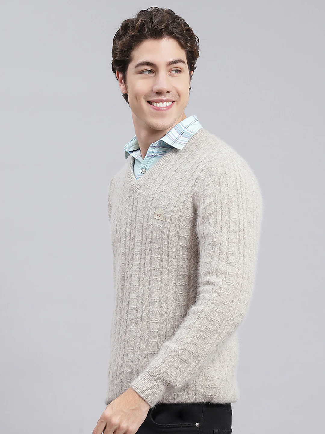 Men Beige Self Design Angoora Pullover - Image 3