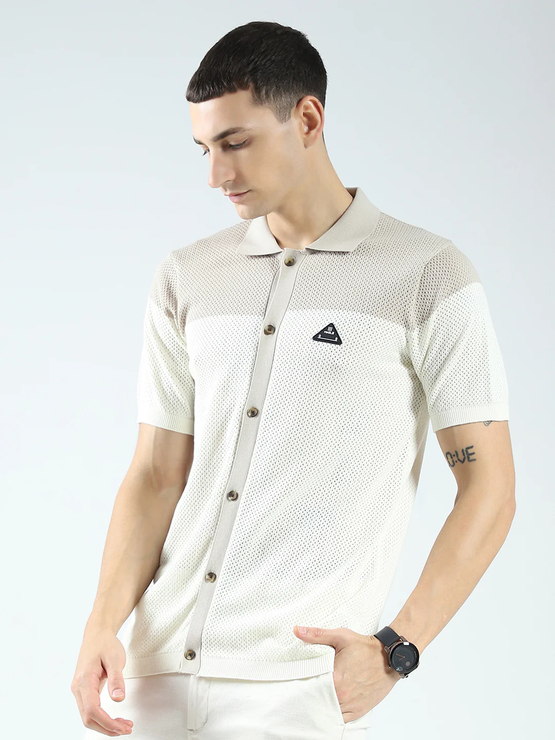Rock.it Men Beige Self Design Collar Half Sleeve Shirt - Image 3