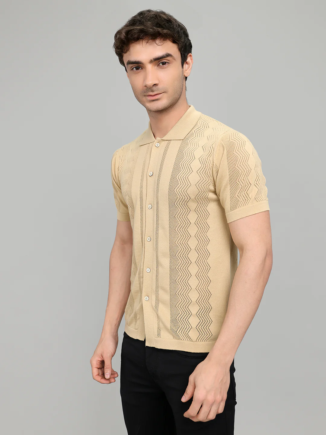 Men Beige Self Design Collar Half Sleeve Shirt - Image 2
