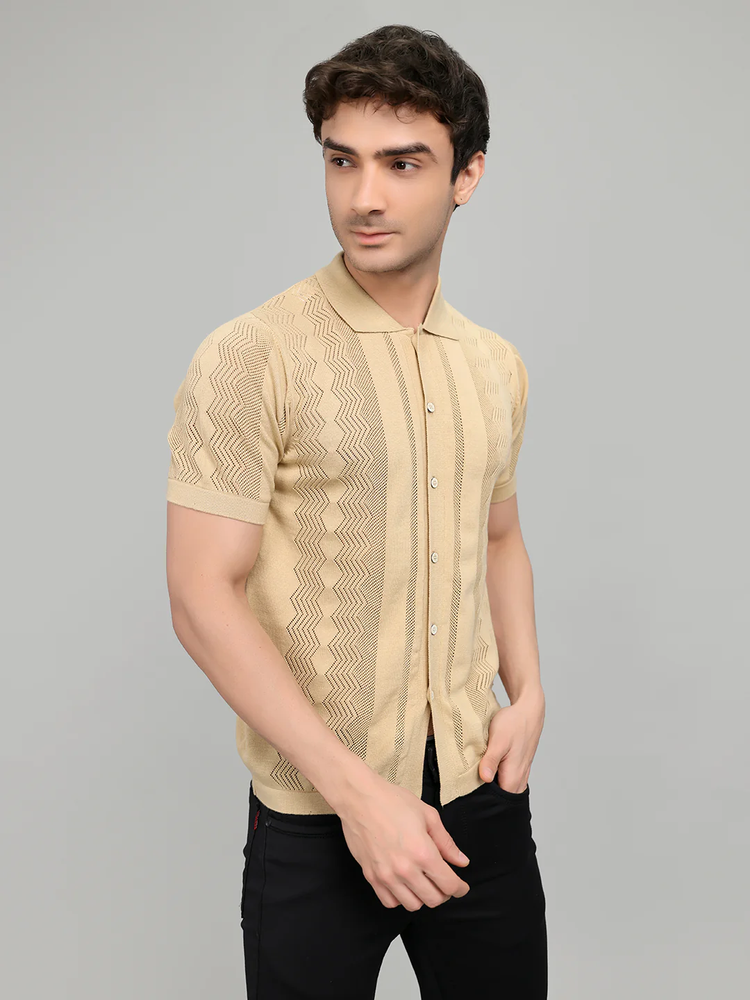 Men Beige Self Design Collar Half Sleeve Shirt - Image 3