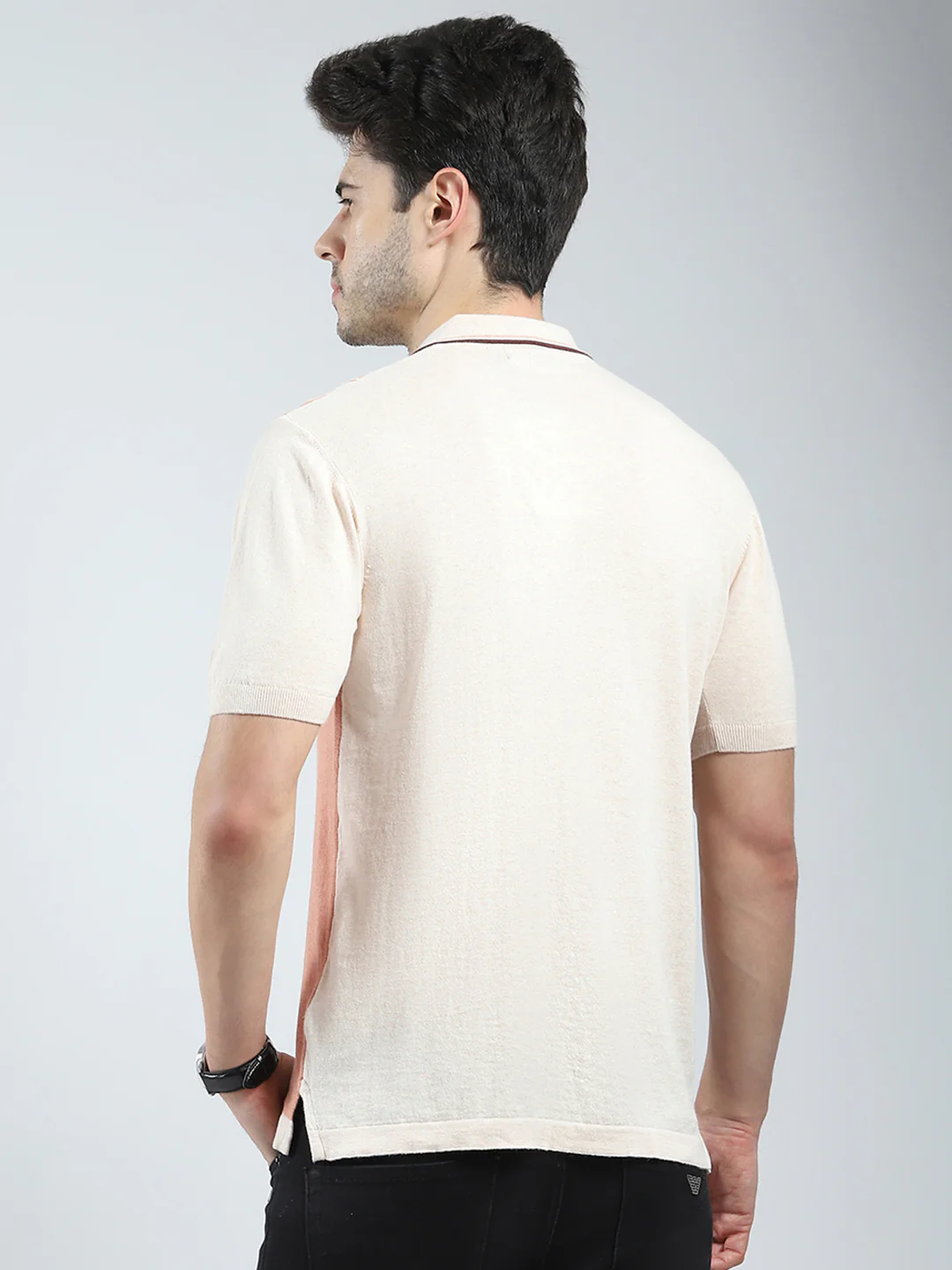 Men Beige Self Design Collar Half Sleeve T-Shirt - Image 5