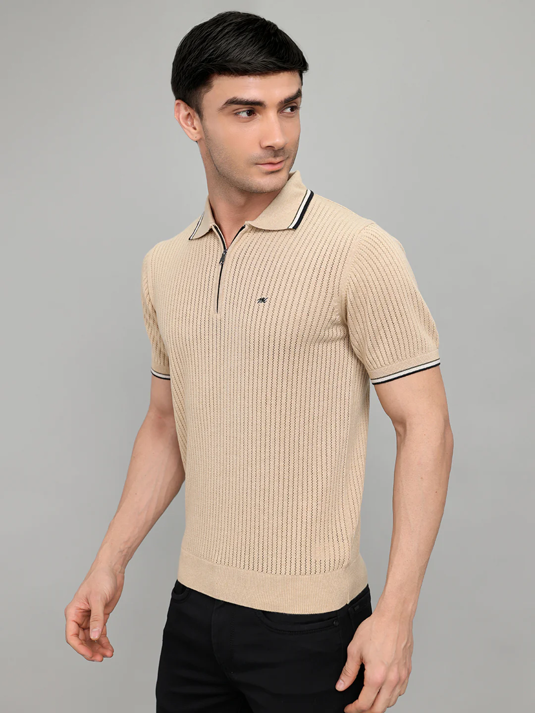 Men Beige Self Design Collar Half Sleeve T-Shirt - Image 2