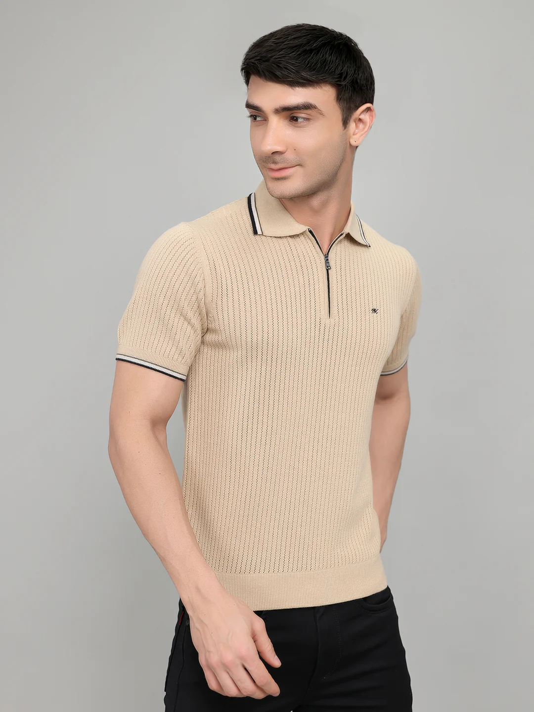 Men Beige Self Design Collar Half Sleeve T-Shirt - Image 3