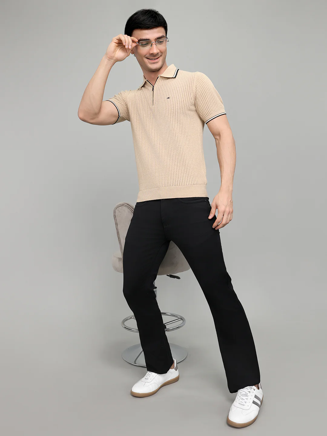 Men Beige Self Design Collar Half Sleeve T-Shirt - Image 6