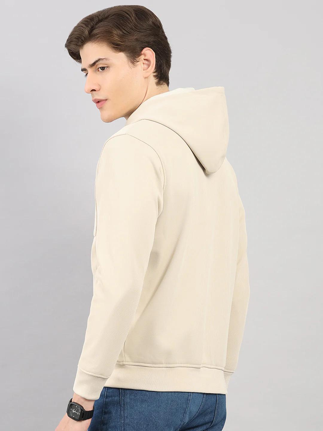 Men Beige Self Design Hooded Full Sleeve Sweatshirt - Image 5