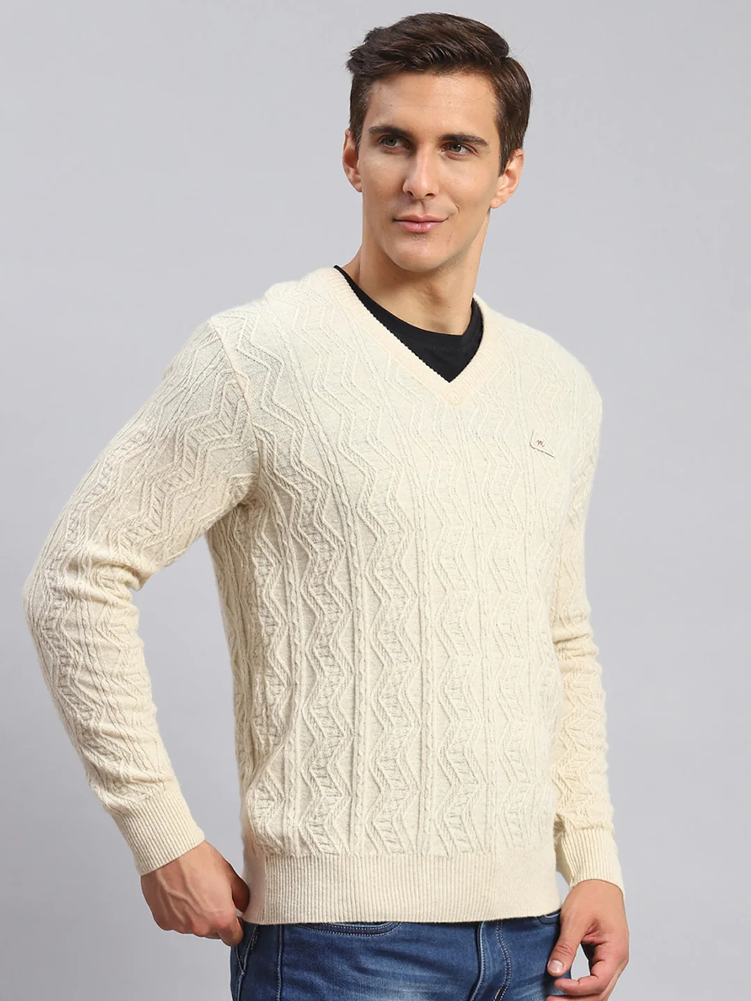 Men Beige Self Design Lamb wool Pullover - Image 3