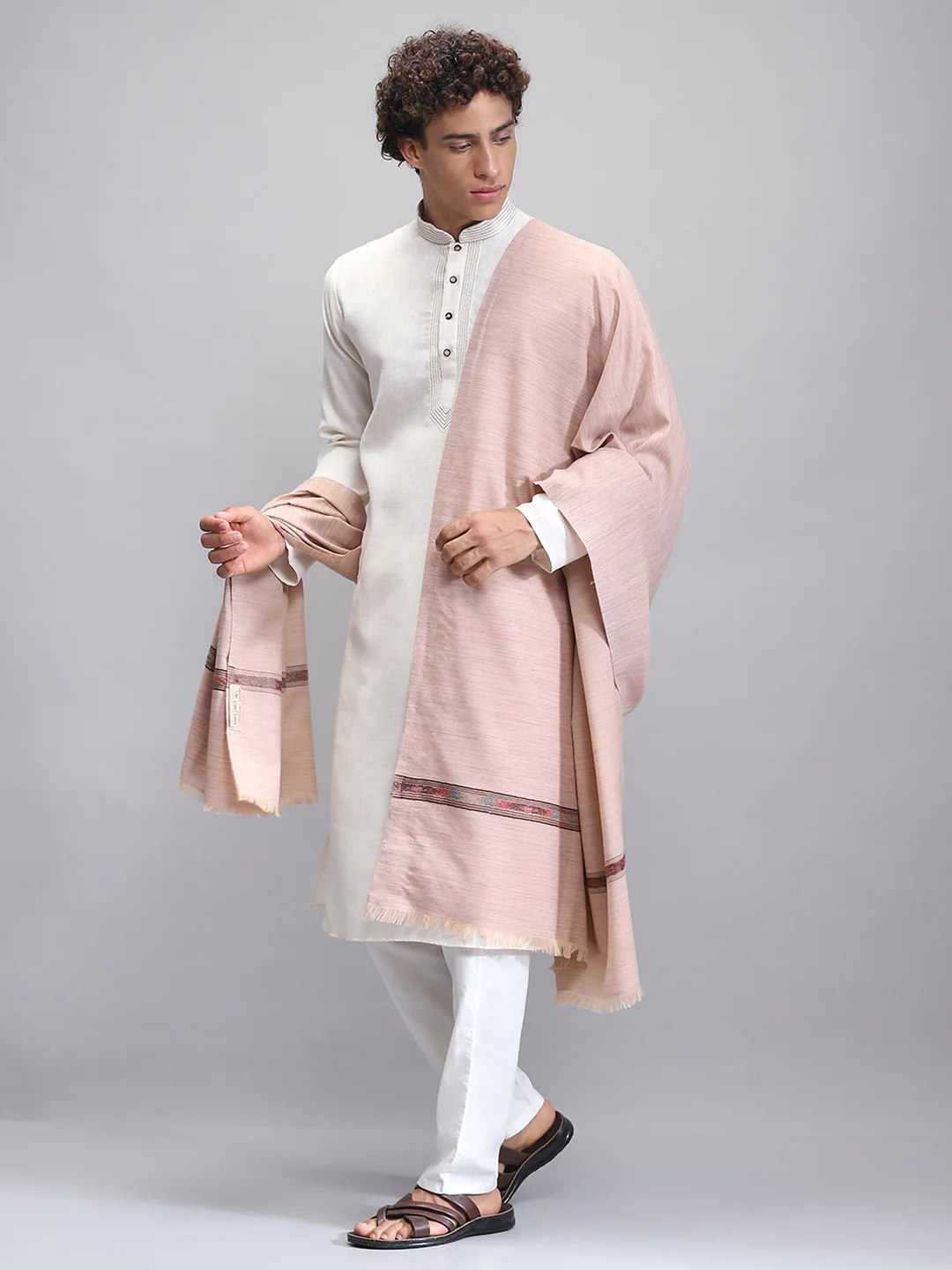 Men Beige Self Design Lohi Shawl - Image 3