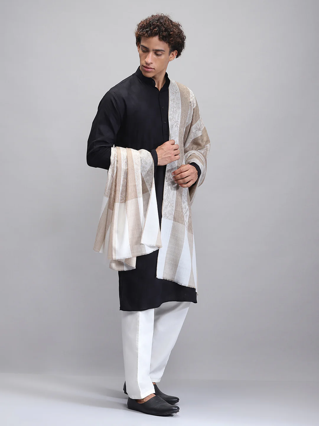Men Beige Self Design Lohi Shawl - Image 4