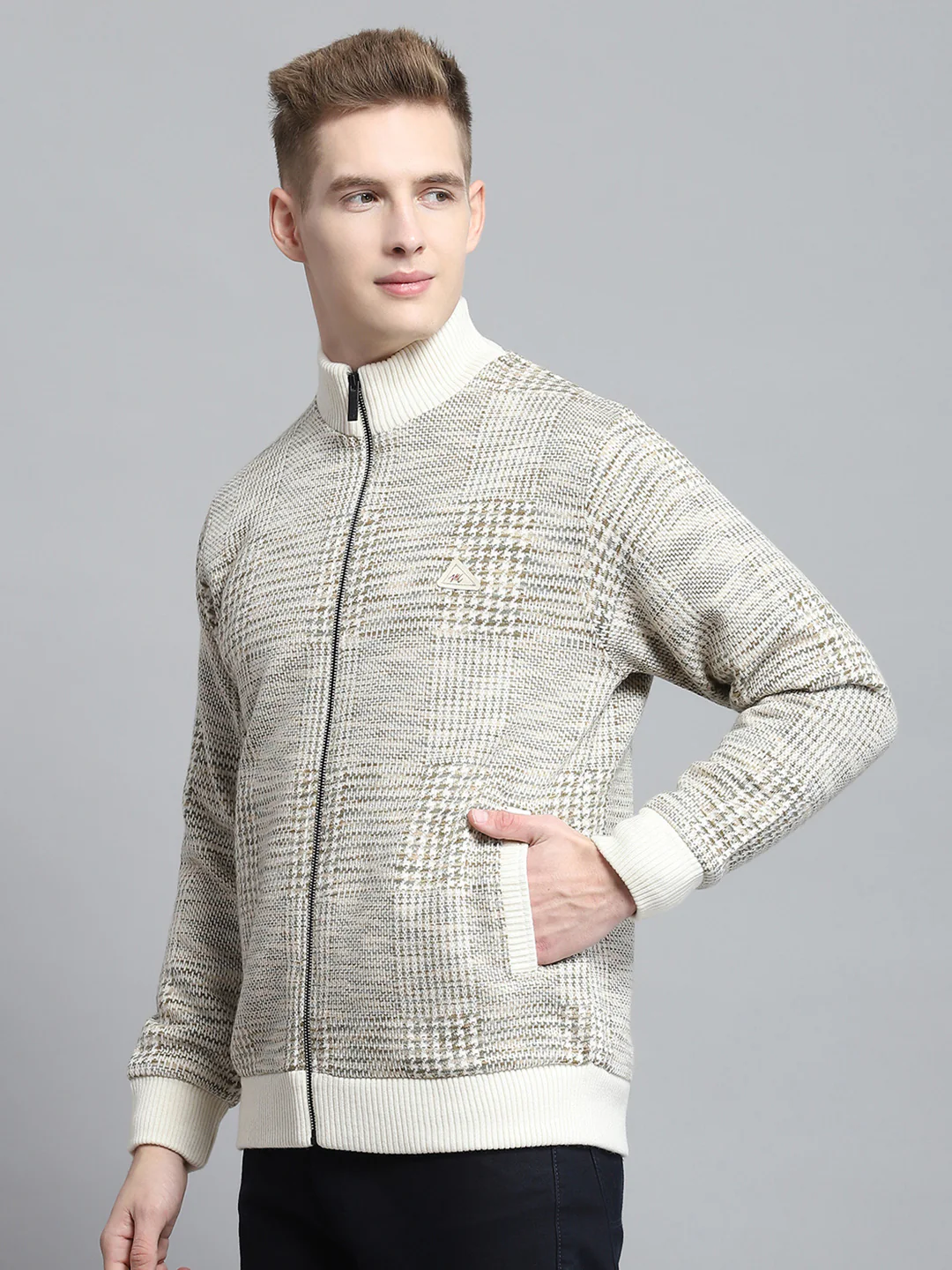 Men Beige Self Design Mock Neck Full Sleeve Jacket - Image 3