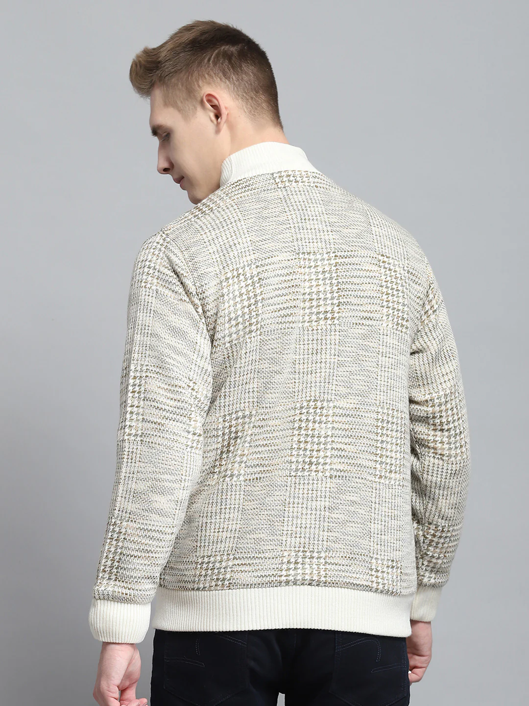 Men Beige Self Design Mock Neck Full Sleeve Jacket - Image 5