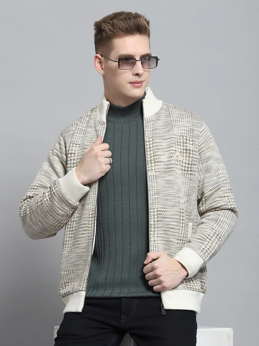 Men Beige Self Design Mock Neck Full Sleeve Jacket - Image 6