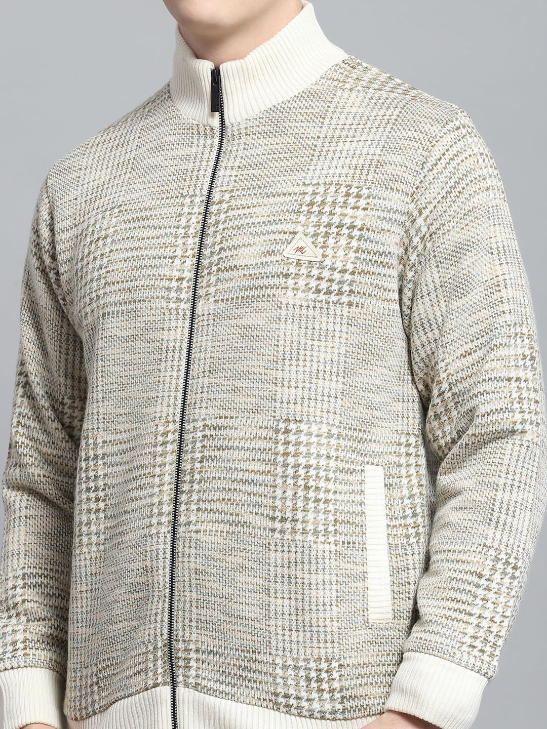 Men Beige Self Design Mock Neck Full Sleeve Jacket - Image 7