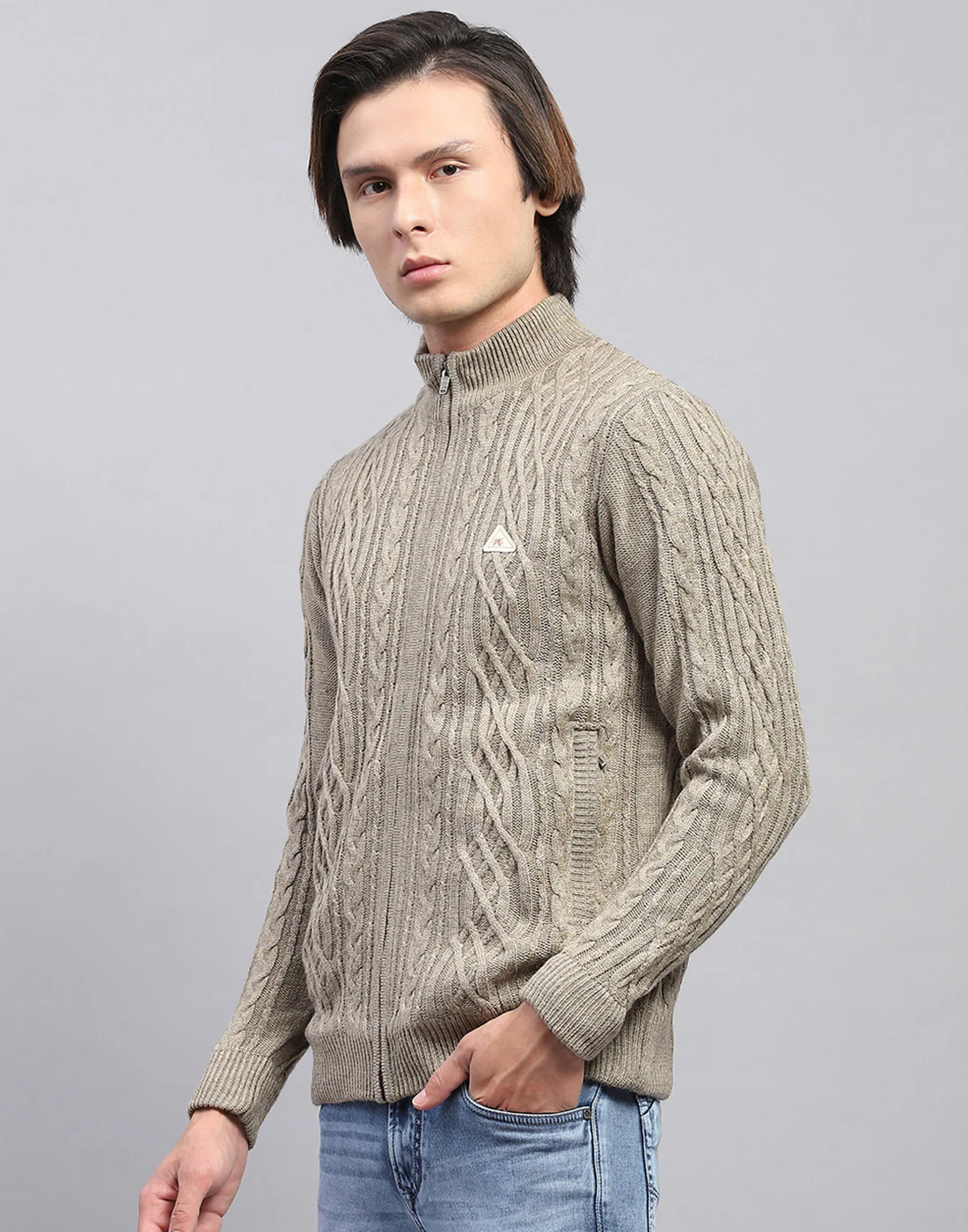 Men Beige Self Design Mock Neck Full Sleeve Jacket - Image 3