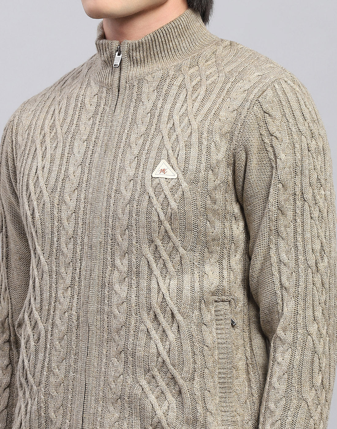 Men Beige Self Design Mock Neck Full Sleeve Jacket - Image 7