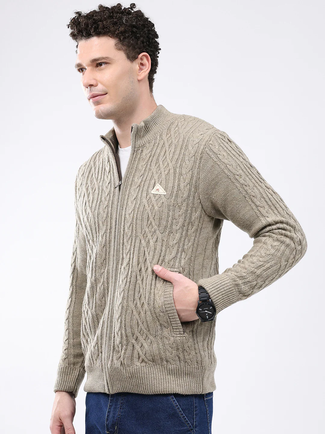 Men Beige Self Design Mock Neck Full Sleeve Jacket - Image 3