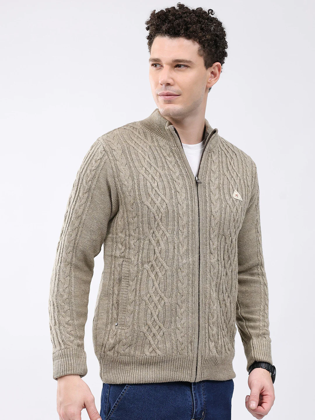 Men Beige Self Design Mock Neck Full Sleeve Jacket - Image 4