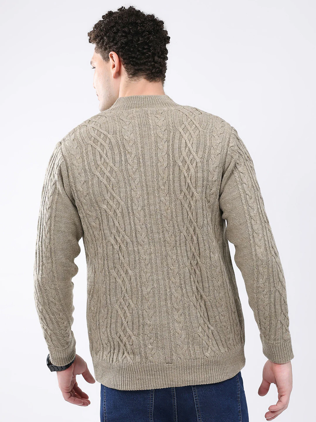 Men Beige Self Design Mock Neck Full Sleeve Jacket - Image 5