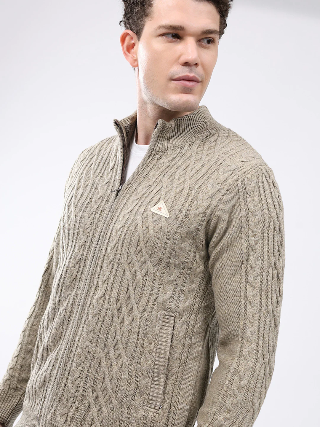 Men Beige Self Design Mock Neck Full Sleeve Jacket - Image 6