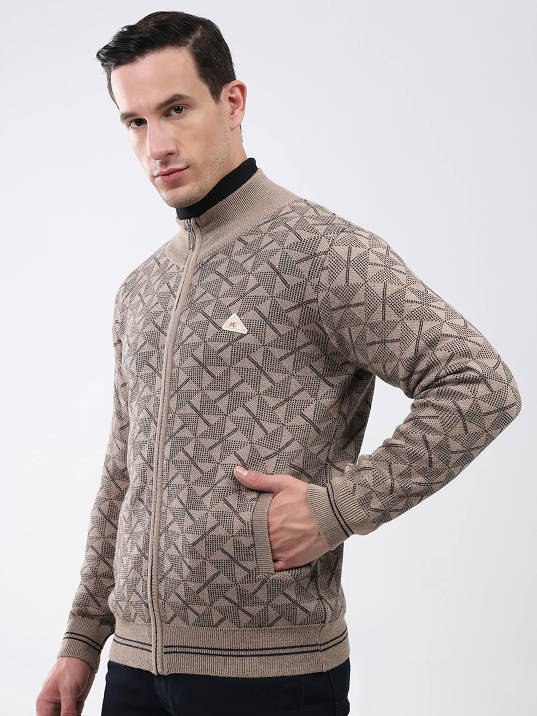 Men Beige Self Design Mock Neck Full Sleeve Pullover - Image 3