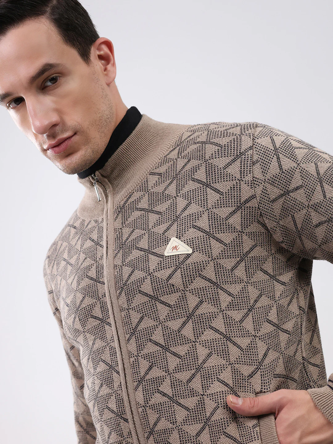 Men Beige Self Design Mock Neck Full Sleeve Pullover - Image 7