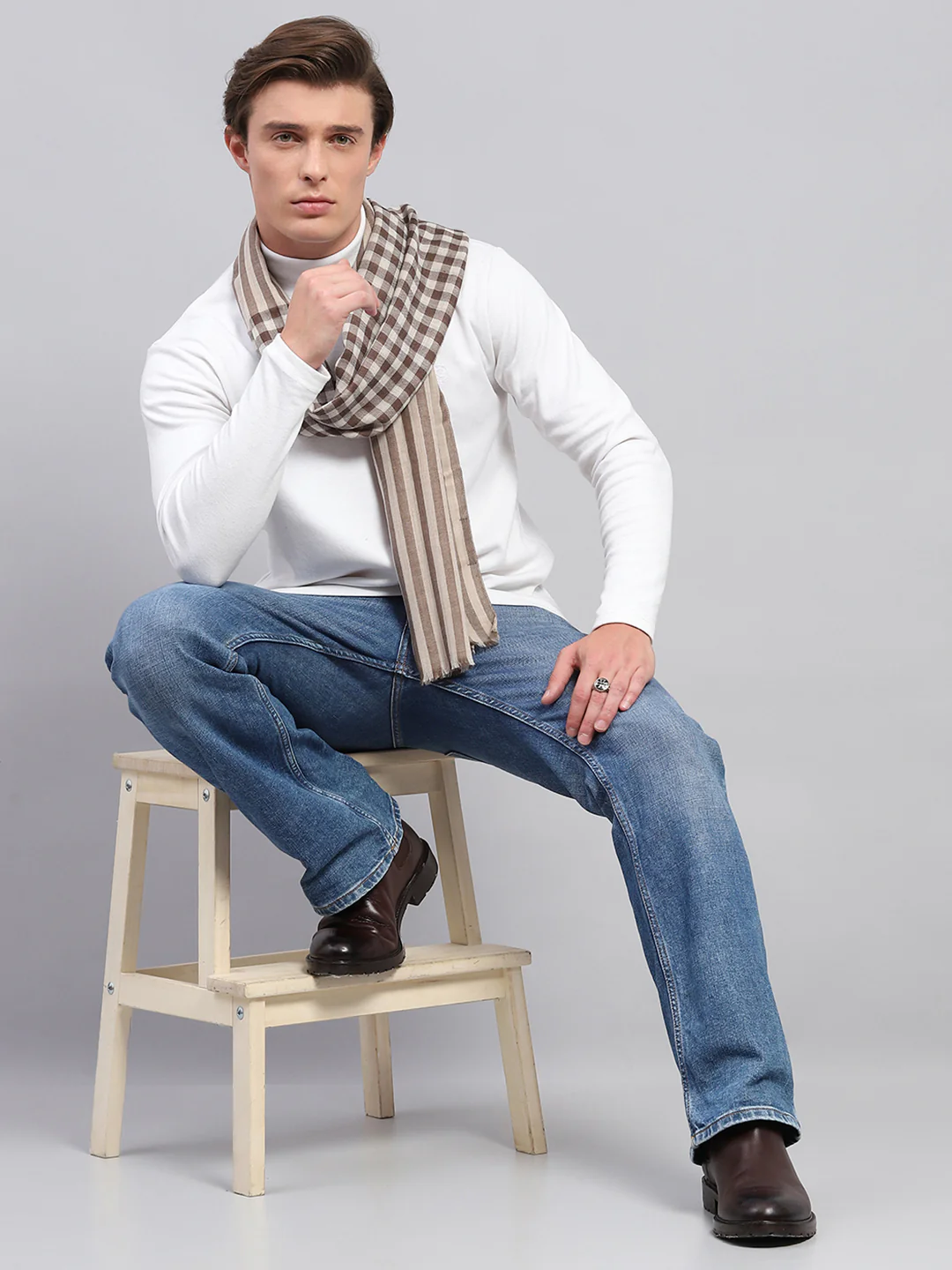Men Beige Self Design Muffler - Image 2