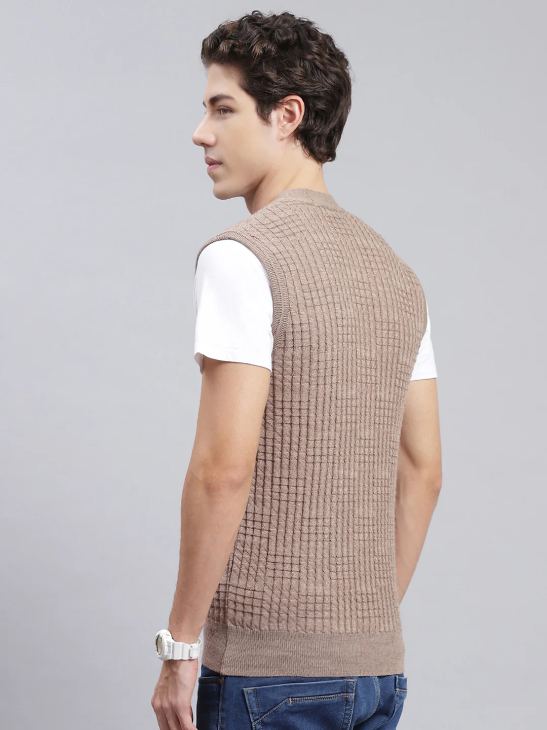 Men Beige Self Design Pure wool Cardigan - Image 5