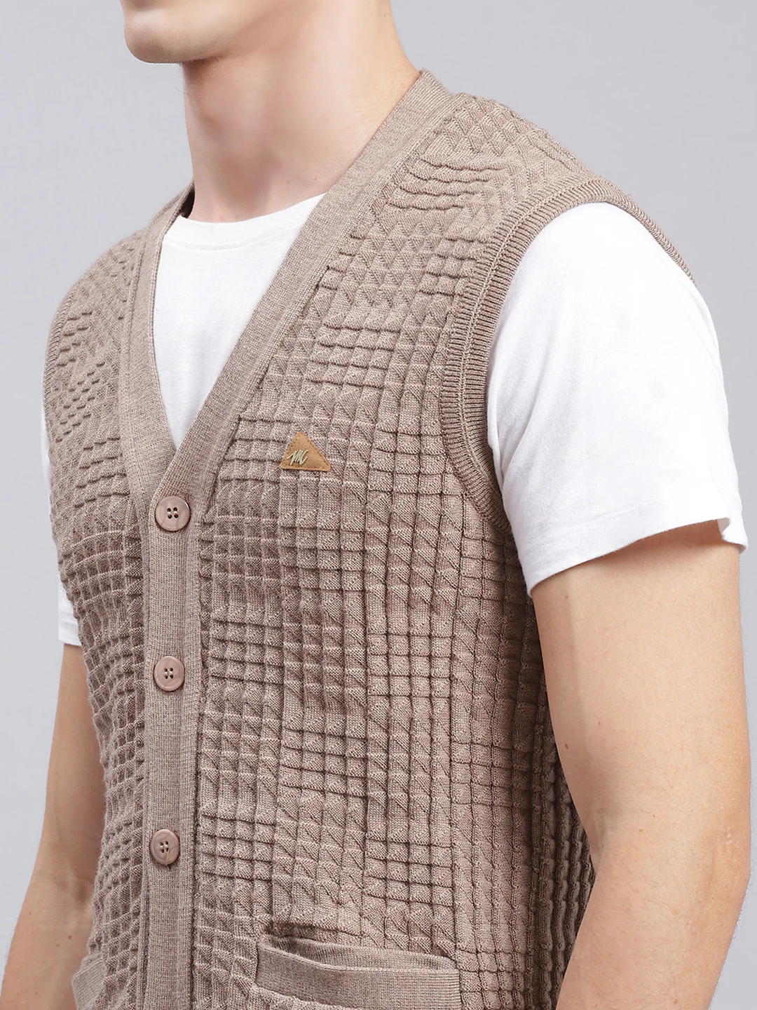 Men Beige Self Design Pure wool Cardigan - Image 6