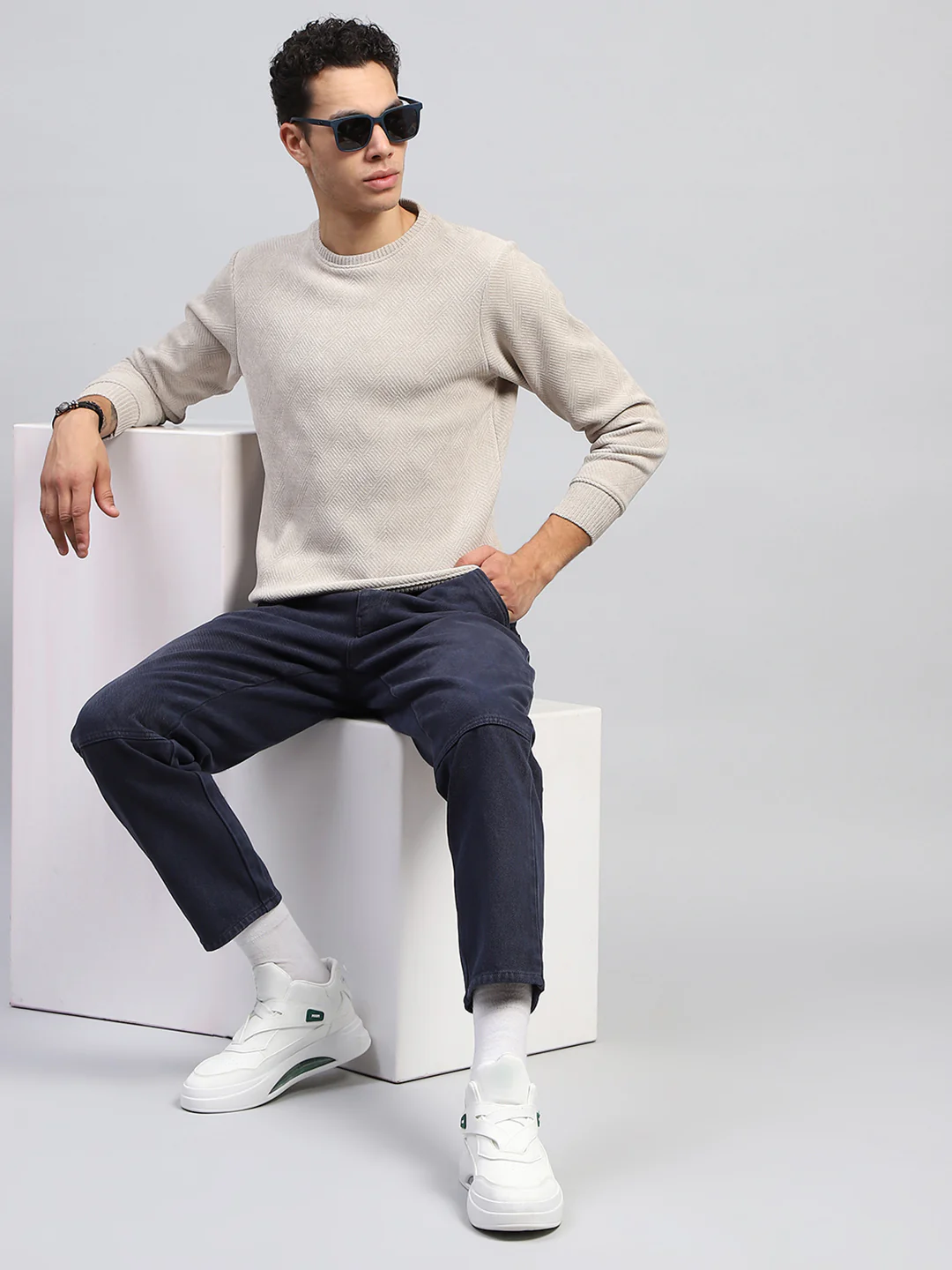 Men Beige Self Design Round Neck Full Sleeve Sweatshirt - Image 2