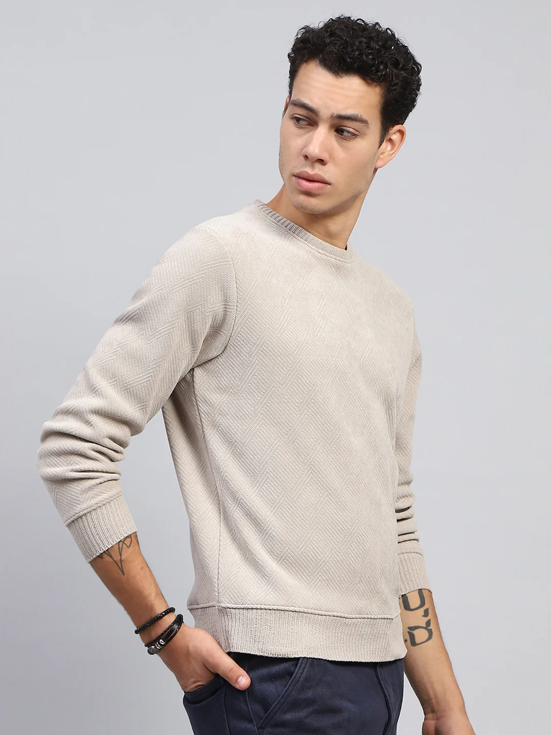 Men Beige Self Design Round Neck Full Sleeve Sweatshirt - Image 4