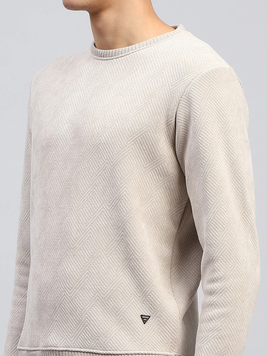Men Beige Self Design Round Neck Full Sleeve Sweatshirt - Image 6