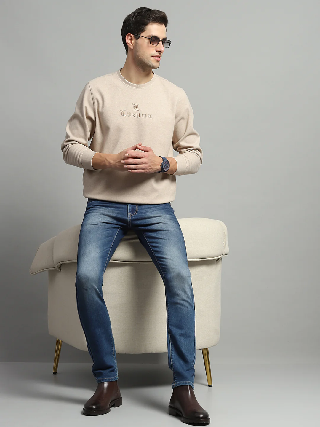 Men Beige Self Design Round Neck Full Sleeve Sweatshirt - Image 2