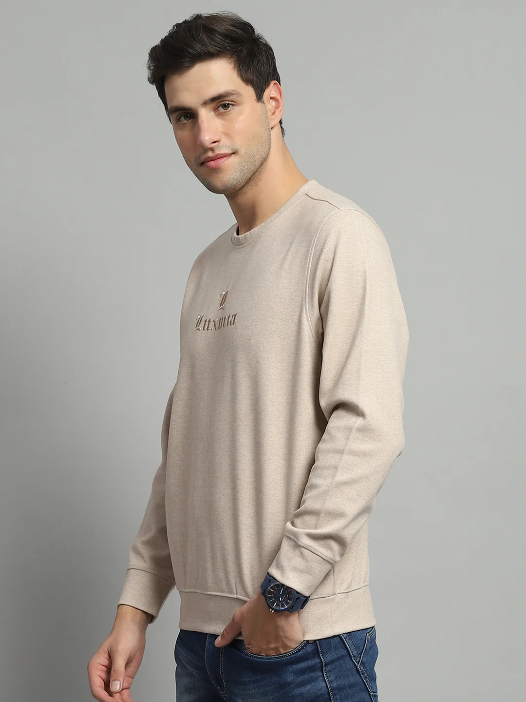 Men Beige Self Design Round Neck Full Sleeve Sweatshirt - Image 3