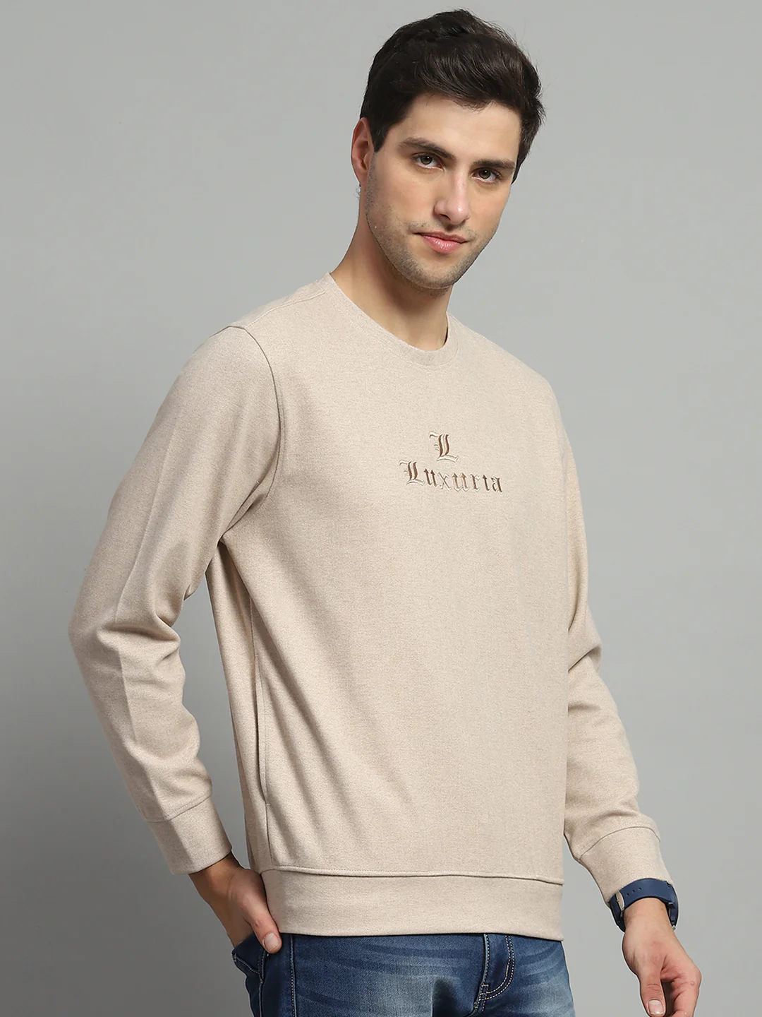 Men Beige Self Design Round Neck Full Sleeve Sweatshirt - Image 4