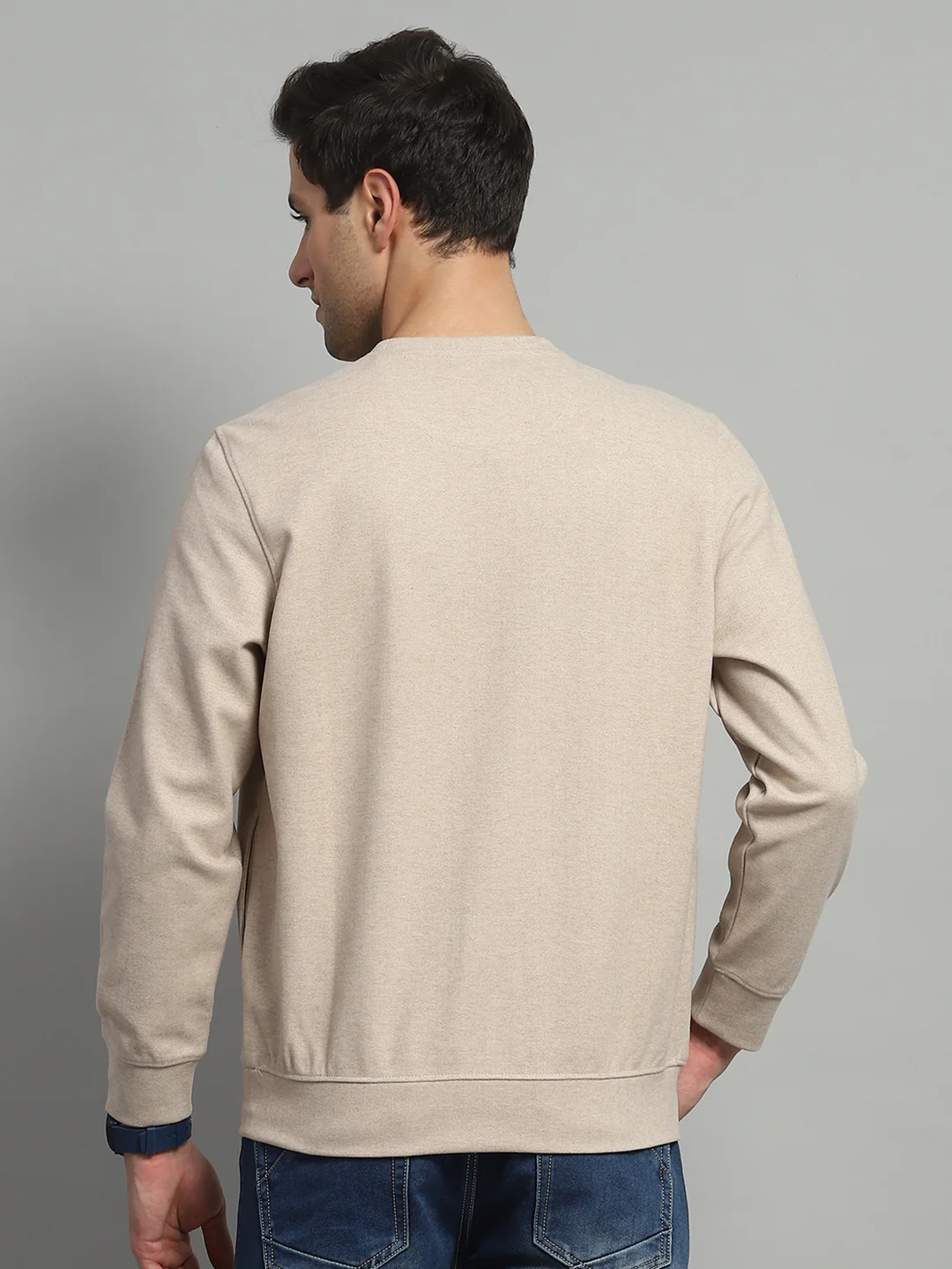 Men Beige Self Design Round Neck Full Sleeve Sweatshirt - Image 5