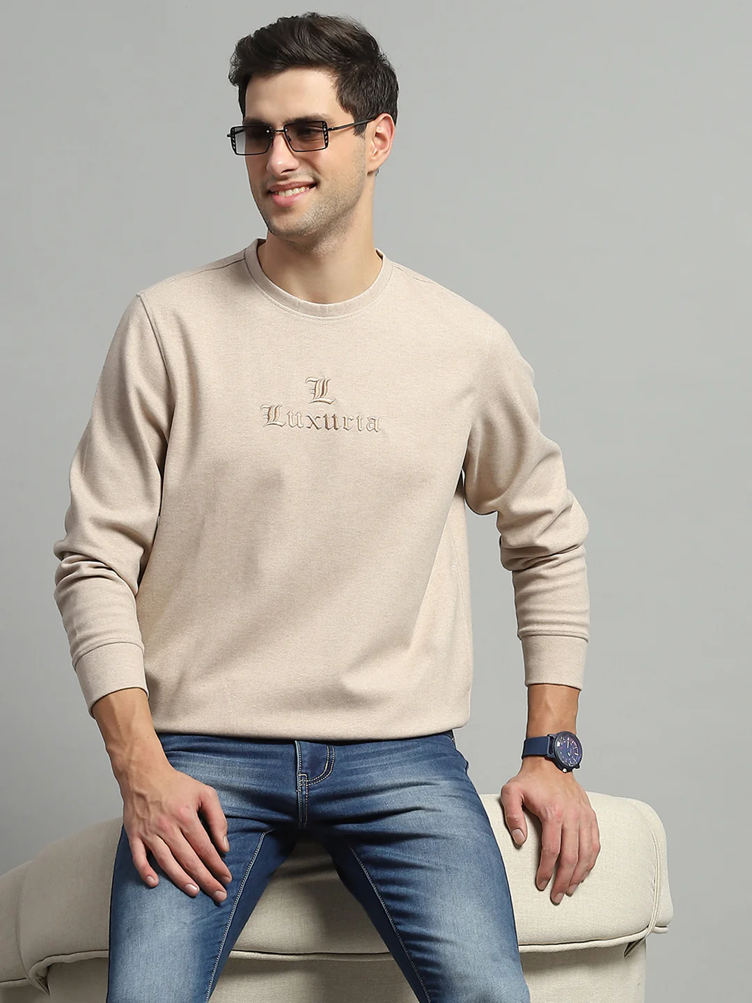 Men Beige Self Design Round Neck Full Sleeve Sweatshirt - Image 6