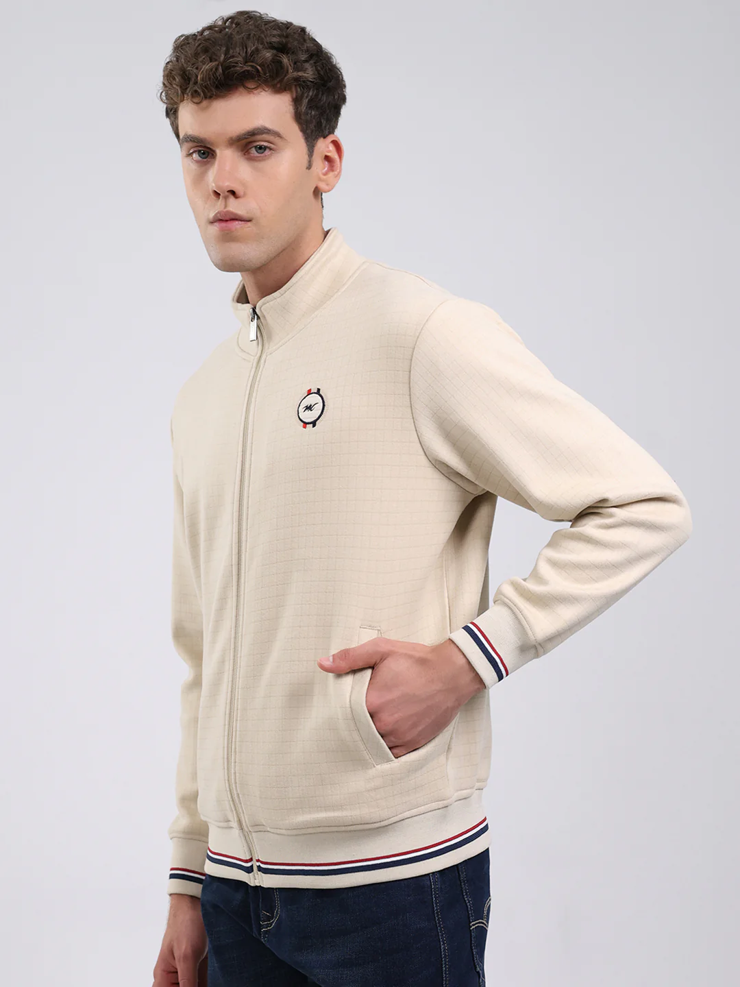 Men Beige Self Design Ultra Warm Collar Sweatshirt - Anti-Pilling Fabric - Image 3