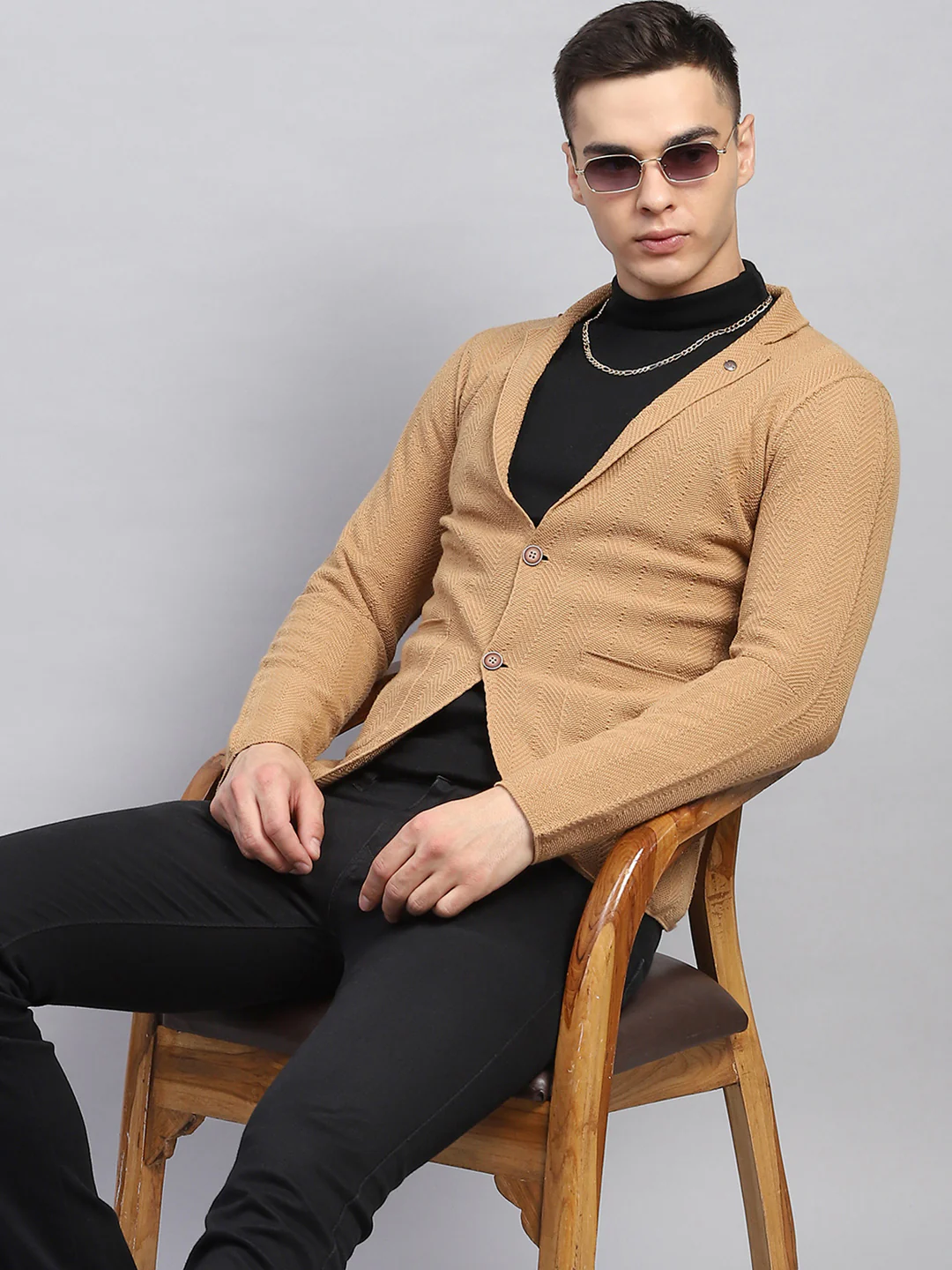 Men Beige Self Design V Neck Full Sleeve Coat - Image 6