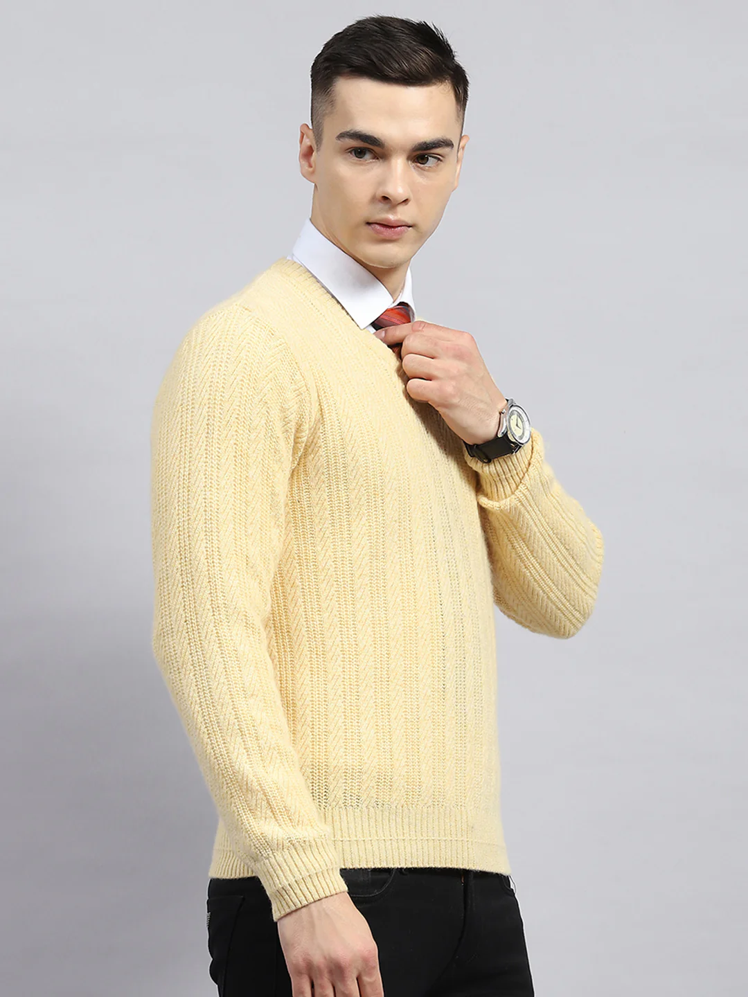 Men Beige Self Design V Neck Full Sleeve Pullover - Image 4