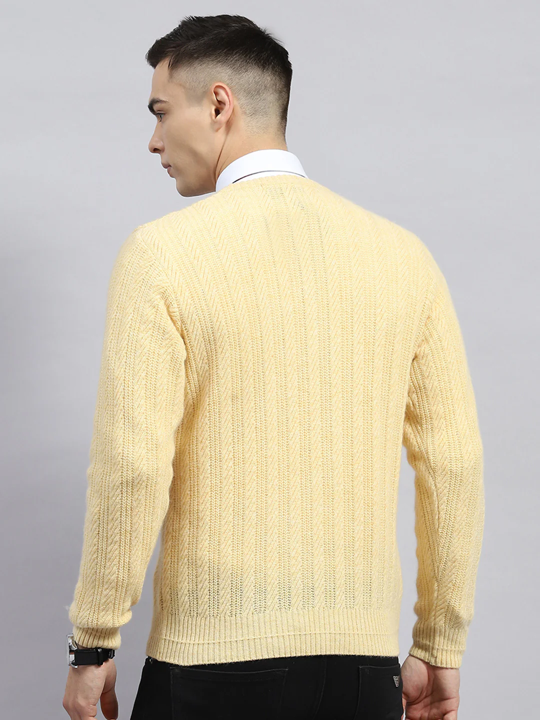 Men Beige Self Design V Neck Full Sleeve Pullover - Image 5