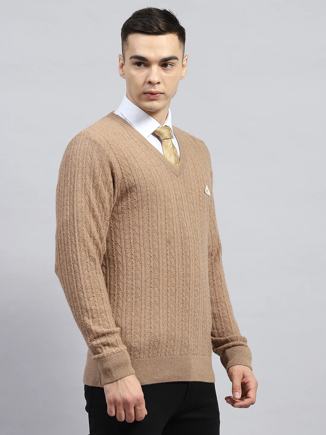 Men Beige Self Design V Neck Full Sleeve Pullover - Image 4
