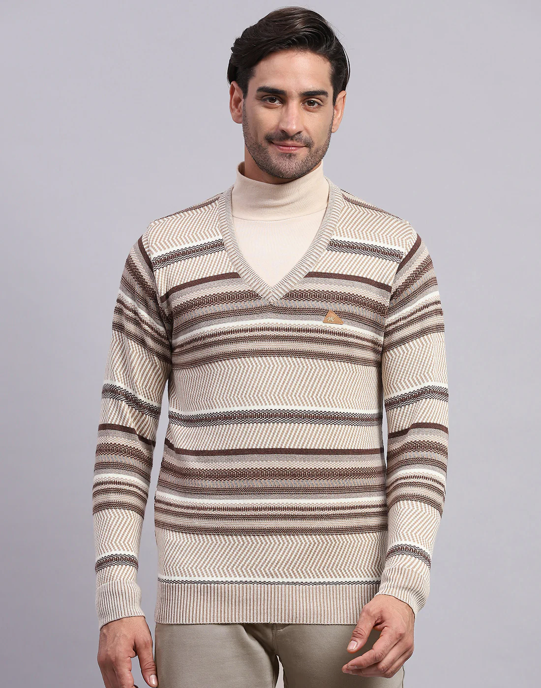 Men Beige Self Design V Neck Full Sleeve Pullover - Image 2