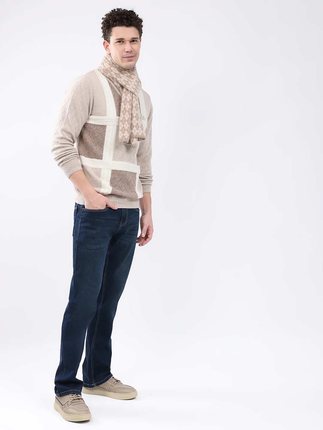 Men Beige Self Design V Neck Full Sleeve Pullover - Image 2